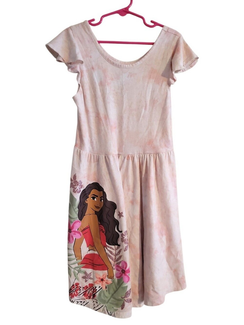 Disney Pink and Green Moana Print Flutter Sleeve Dress